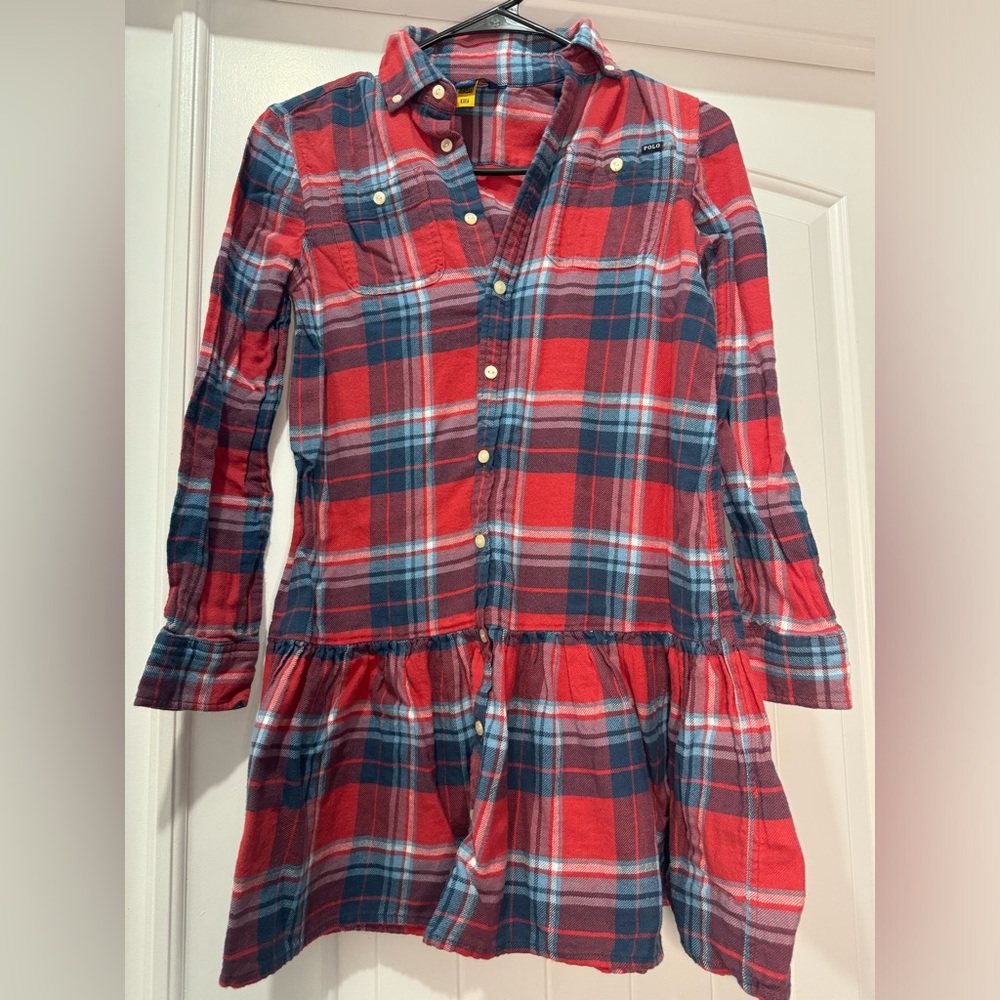 Polo Ralph Lauren Used gd cond Dress Girls Sz 12 Red Multi Plaid Collar L/Sleeve